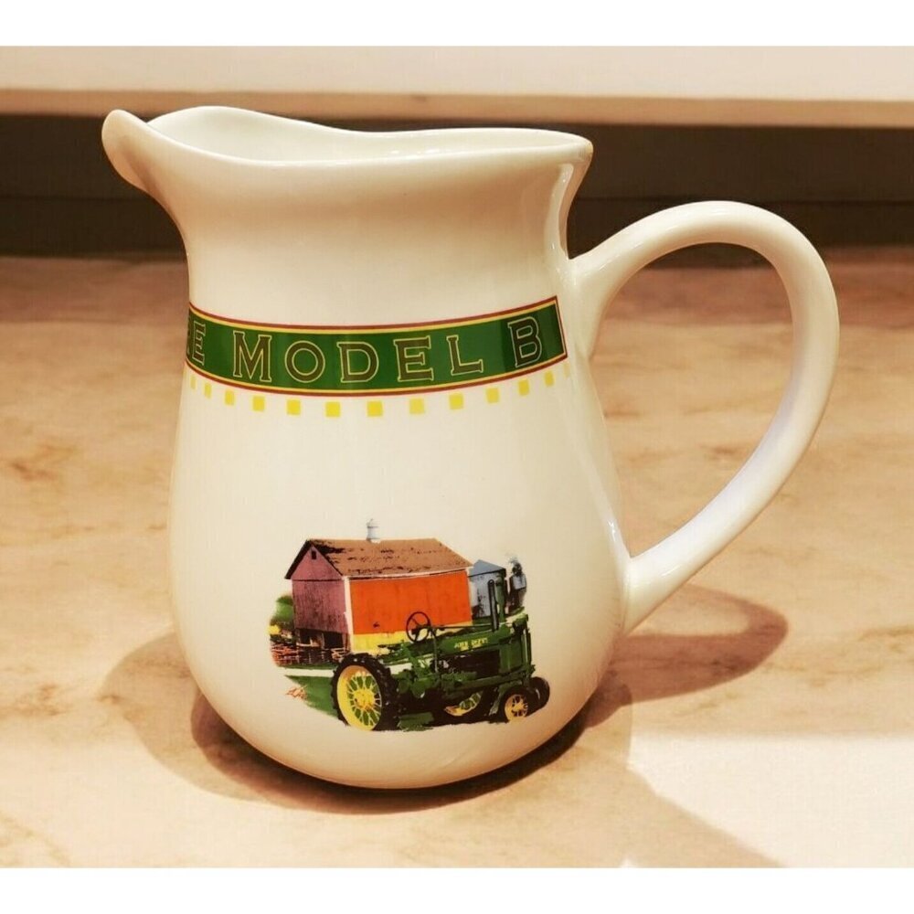 Gibson John Deere tractor model B 8” Pitcher Ceramic White Green Tractor EUC